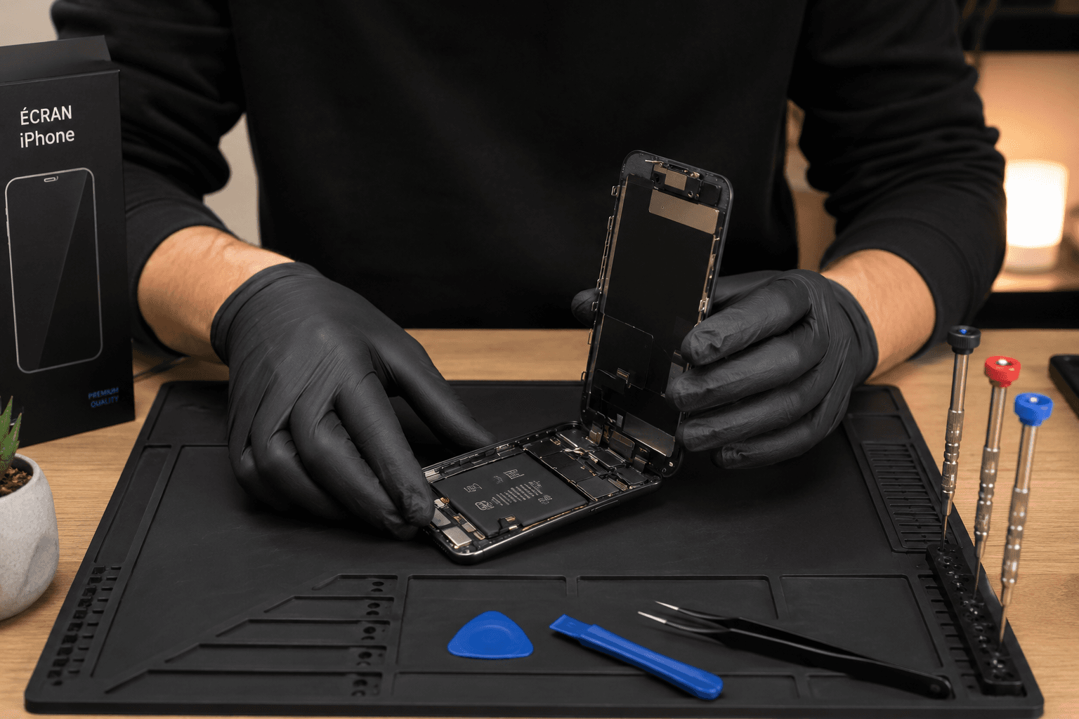 Technicien qui change l'écran d'un iPhone avec des gants noirs