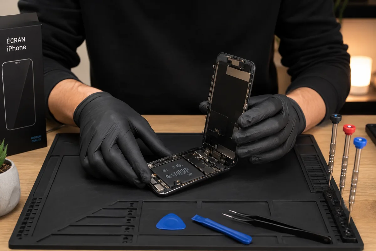Technicien qui change l'écran d'un iPhone