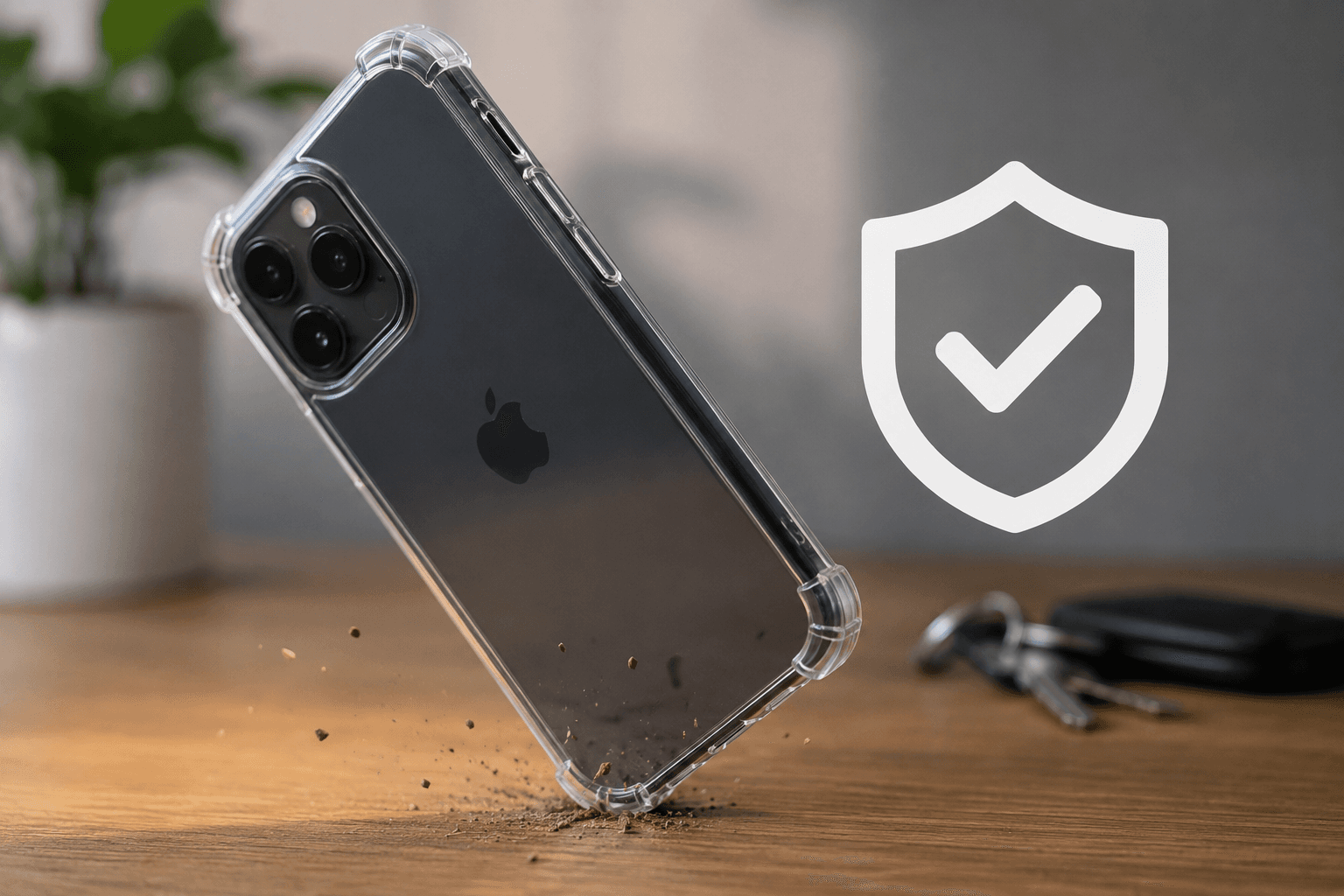 iPhone avec coque de protection transparente qui tombe